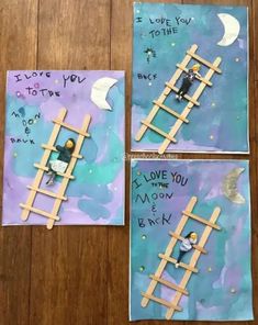 three pictures with some writing on them and one has a ladder to climb up the hill