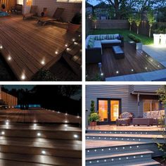 four different types of outdoor lighting that are on the ground and in front of a house