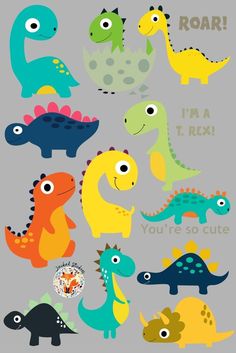 a group of dinosaurs with the words roar in different colors and sizes, on a gray background