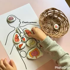 a child's hand touching buttons on top of a piece of paper with an image of the human body