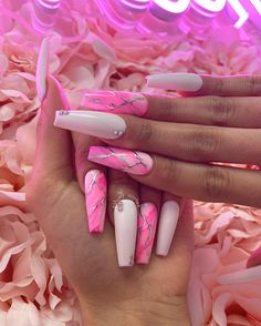 Neon Marble Nail Designs, Hot Pink Marble Nails, Coffin Nails Ombre, Vday Nails, White Coffin Nails, Fab Nails, Marble Nail Designs, Sassy Nails, Spring Nail Designs