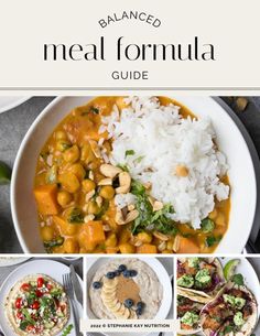 the cover of balanced meal formula guide with pictures of different foods in bowls and plates