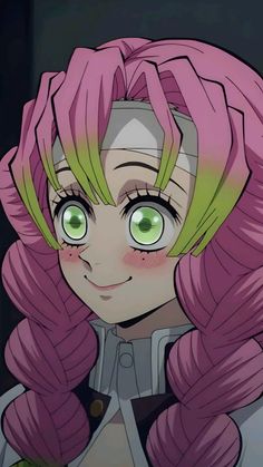 an anime character with pink hair and green eyes