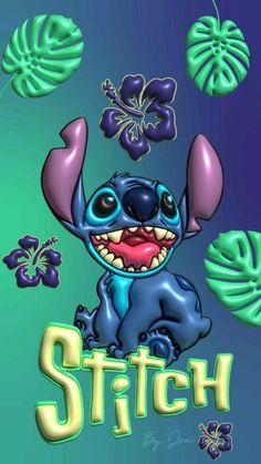 the stitch character is smiling and surrounded by butterflies, flowers, and leaves on a blue background