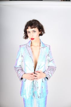 Any Old Iron Frozen Suit Flared Pant Suit Iridescent Material Inside pockets 14 day turnaround if not in stock Iridescent Shirt, Casual Iridescent Long Sleeve Outerwear, Iredesant Shirt, Iridescent Jacket, Iridescent Fashion Editorial, Iridescent Fashion, Clothes For Women In 30's, Blue Pigment, Kate Bosworth