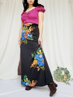 90s vintage black floral print minimalist maxi A-line skirt Skirt is in great vintage condition. SIZE. Model usually wears UK 10-12 / S-M / US 6-8, item could fit UK 10 / S / US 6. Check the measurements, before buying. MEASUREMENTS: waist - 72 cm, hips - 108 cm, length - 108 cm. Item is from mixed material. Care delicate. Color may differ slightly depending on the color calibration of the device you're viewing on. If You have more questions about products or shipping, please drop me a message. Wish You great shopping, Mellina Floral Print Fitted Flared Maxi Skirt, Black Floral Print Maxi Skirt For Spring, Summer Black Maxi Skirt With Floral Print, Retro Black Long Skirt, Fitted Floral Print Wide Leg Maxi Skirt, Fitted Wide Leg Floral Maxi Skirt, Vintage Floral Print Long Maxi Skirt, Vintage Floral Print Maxi Skirt, Maxi Flare Skirt