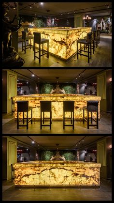 three pictures of an island with stools and marble counter top in the middle, along with two bars on each side