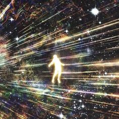 a man standing in the middle of an abstract space filled with stars and light beams