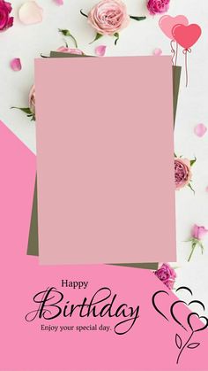 a pink birthday card with flowers and hearts