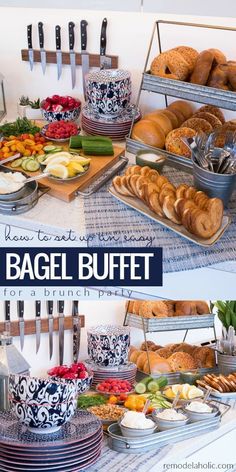 the buffet is full of different types of breads, pastries and other foods