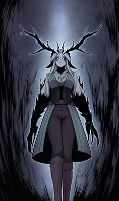 an anime character standing in the middle of a dark room with horns on her head