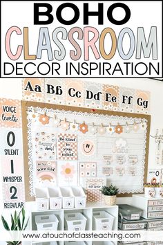 a classroom decorated in pink and white with the words boho classroom decor