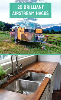 an airstream with the words 20 brilliant airstream hacks