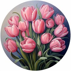 a painting of pink tulips in a vase