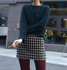 Green Plaid Sweater Outfit, Dresses And Tights Winter, Korean Tights Outfit, Plaid Skirt Outfit 2023, Twee Work Outfit, Green Plaid Skirt Outfit Winter, Cold Winter Outfits Skirt, Matching Sweaters Aesthetic, Twee Style 2023