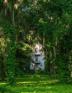 an old white house surrounded by trees and grass