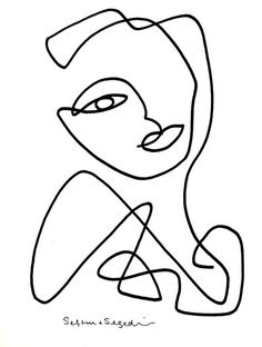 a black and white drawing of a woman's face with an abstract design on it