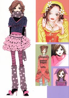 a drawing of a girl with different outfits and accessories on her head, standing in front of an illustration of a woman's face