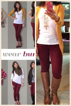 BUILDING A WARDROBE PART 2: GET PIN-SPIRED! Burgundy and yellow Mustard Fashion, Mustard Cardigan, Maroon Pants, Jewelry Tips, Yellow Jewelry, Color Jewelry, Winter Stil, Red Pants