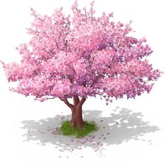 a pink tree with lots of leaves on the ground