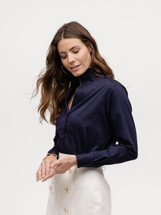 NAVY BLUE PIQUE Our best-selling Signature Shirt in a stunning navy blue pique fabric. Luxury Navy Classic Top, Navy Branding, Sarah Alexander, Mock Trial, Chanel Loafers, Headshot Poses, Pique Fabric, Fish Eye, Sophisticated Outfits