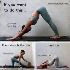 a woman doing yoga poses in front of a wall with the caption if you want to do this, then stretch like this