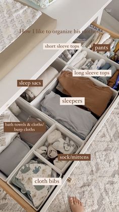 Organization, ikea organizers, baby clothing, hemnes dresser Baby Onesie Organization, Organizing Nursery Ideas, Organization Ideas For Nursery, Baby Clothes Drawer Organization, Nursery Clothing Organization, Infant Dresser Organization, Cabinet Organization For Clothes, Newborn Storage Ideas