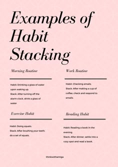 Discover the power of habit stacking and supercharge your productivity. From morning routines to work habits, here are some simple examples of habit stacking to help you effortlessly form new habits. Start small, stay consistent, and watch your routine transform. Build A Morning Routine, Healthy Habits Routine, How To Build Habits, Good Morning Habits, Micro Habits List, Atomic Habits Examples, How To Start New Habits, Daily Routine Examples, Daily Habits For Success