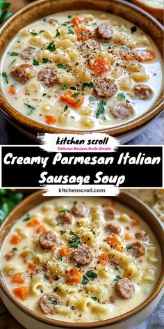 two pictures of creamy parmesan italian sausage soup