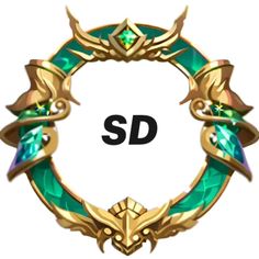 a gold and green emblem with the letter s d in the center, surrounded by jewels