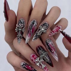 24pcs Long Stiletto False Nails Dark Red Black Stick on Nails Silver Cross Press on Nails Removable Glue on Nails Full Cover Gothic Fake Nails Women Bridal Nail Art Accessories Cross Nail Art, Black To Red Ombre, Black Ombre Nails, Cross Nails, Bridal Nail Art, Long Stiletto, Ombre Acrylic Nails, Goth Nails, Almond Acrylic Nails