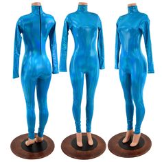 "This holographic catsuit is made from our Peacock blue four way stretch spandex. This suit has long sleeves, a turtleneck, and a back zipper. Womens Sizing (See below for instructions on where measurements should be taken) XXS: Bust 29\"-30\" / Waist 22\"-23\" / Hips 30\"-32\" Extra Small: Bust 31\"-32\" / Waist 24\"-25\" / Hips 33\"-35\" Small: Bust 33\"-34\" / Waist 26\"-28\" / Hips 36\"-37\" Medium: Bust 35\"-37\" /Waist 28\"-31\" / Hips 38\"-40\" Large: Bust 39\"-41\" / Waist 32\"-34\"/ Hip Blue Stretch Unitard For Party, High Stretch Blue Unitard For Party, High Stretch Unitard With Thumbholes For Party, High Stretch Blue Bodysuit For Party, Blue Catsuit Outfit, Blue Stretch Party Unitard, Blue High Stretch Bodysuit With Thumbholes, Cat Suits Bodysuit Jumpsuits, Compressive Blue Bodysuit For Yoga