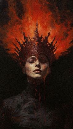 a painting of a woman with blood dripping from her face and hair on top of her head