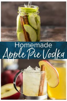 homemade apple pie vodka in a mason jar with apples and cinnamon stick garnishes