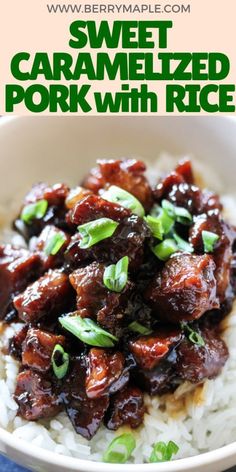 sweet and sour caramelized pork with rice in a bowl