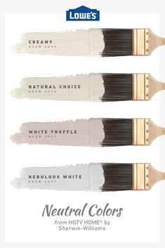 four paint brushes with different colors and names on the same brush, one is black, one is white