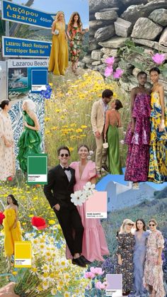 the collage shows many different types of people in dresses and hats, with flowers on them