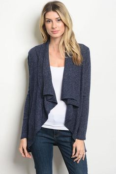 Long sleeve. Open front jersey cardigan. 57% polyester/38% rayon/5% spandex. Jersey Cardigan, Cardigan Long Sleeve, Navy Cardigan, Cardigan Long, Open Front Cardigan, Long Sleeve Cardigan, Long Cardigan, Dress First, Capsule Wardrobe