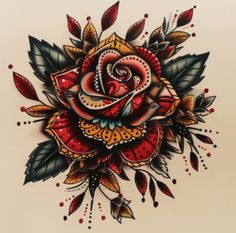 a drawing of a rose with leaves on it's side and an arrow in the middle