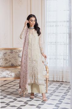 Buy Elegant Off White Salwar Kameez in Open Style a Gracefully Made Pakistani Dress. This Off White Salwar Kameez comes with Delicate Decorations on it. Unstitched Long Sleeve Kurta For Reception, Semi-stitched Long Sleeve Kurta For Reception, Eid Long Sleeve Palazzo Set With Dabka Work, Long Sleeve Palazzo Set With Chikankari Embroidery For Reception, Reception Long Sleeve Kurta With Dupatta, Semi-stitched Long Sleeve Palazzo Set With Dupatta, Semi-stitched Long Sleeve Palazzo Set With Intricate Embroidery, Long Sleeve Georgette Sets With Resham Embroidery, Semi-stitched Long Sleeve Palazzo Set For Eid