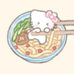 a drawing of a hello kitty eating noodles with chopsticks