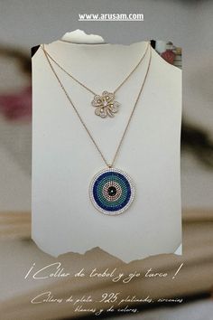 Collar de trebol de plata con baño de oro, zirconias blancas, collar ojo turco 13Y, de plata .925, , baño de oro, zirconias de colores, zirconias incrustadas a mano, hecho en Turquía, diseños exclusivos para Arusam Silver.