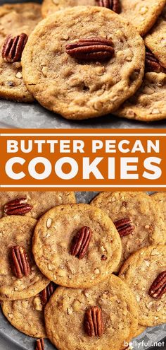 butter pecan cookies stacked on top of each other with the words butter pecan cookies above them