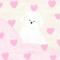 a drawing of a white dog surrounded by pink hearts on a pastel colored background