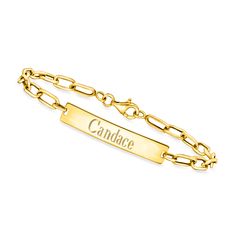 Ross-Simons - Name - 10kt Yellow Gold ID Bracelet. 7". Canaria fine jewelry. Perfect for everyday wear, these genuine 10kt gold wardrobe essentials are fashionable, fun and designed to last a lifetime. Strong and durable, our collection of gold classics is always a great value. This handcrafted 10kt yellow gold bracelet features on-trend paper clip links that present a sleek bar at the center. FREE engraving of a name with up to 10 characters in your choice of block or script type. Lobster clasp Gold Wardrobe, Sleek Bar, Jewelry Lockets, Jewelry Clasps, Script Type, Id Bracelets, Yellow Gold Bracelet, Affordable Gifts, Personalized Products