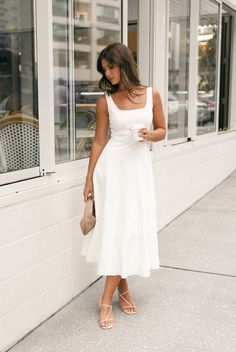 Una Midi Dress - White White Elegant Midi Dress, Bridal Outfits Rehearsal Dinners, Rehearsal Dinner Bride Outfit, Simple Midi Wedding Dress, Rehersal Dinner Dress, Wedding Rehearsal Outfit, White Dress Midi, Grad Shoes, Engagement Party Outfit