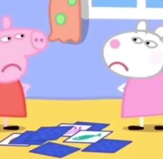 peppa pig and his friend are playing with each other in the room, while one is