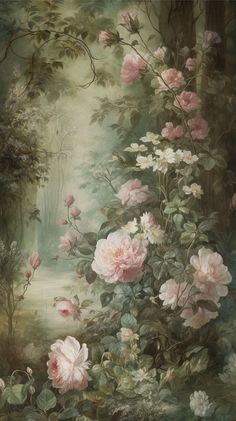 a painting of pink roses and other flowers