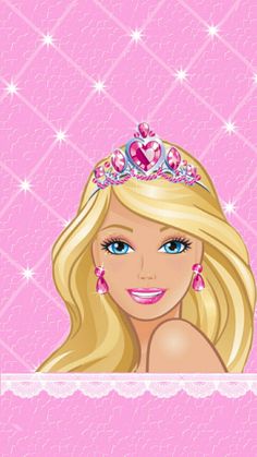 a barbie doll wearing a tiara and smiling for the camera with stars in the background