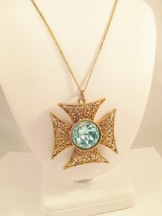 VINTAGE MALTESE CROSS NECKLACE LARGE TOPAZ BLUE RHINESTONE GOLD PLATE FILIGREE #Unbranded Maltese Cross, Blue Rhinestones, Vintage Costume Jewelry, Vintage Costumes, Maltese, Malta, Costume Jewelry, Cross Necklace, Topaz